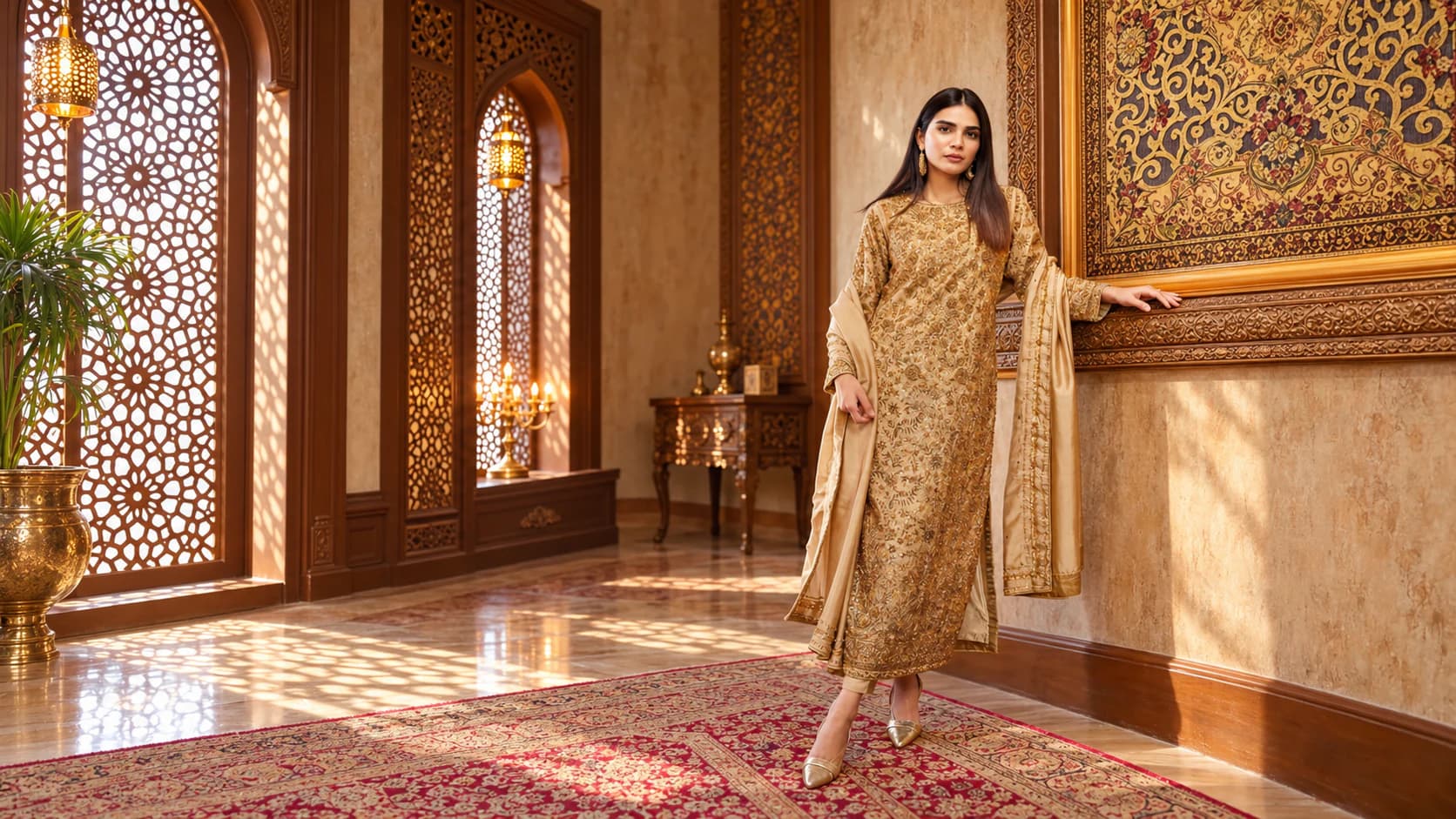 Golden Saaz couture model in the AWAMI atelier